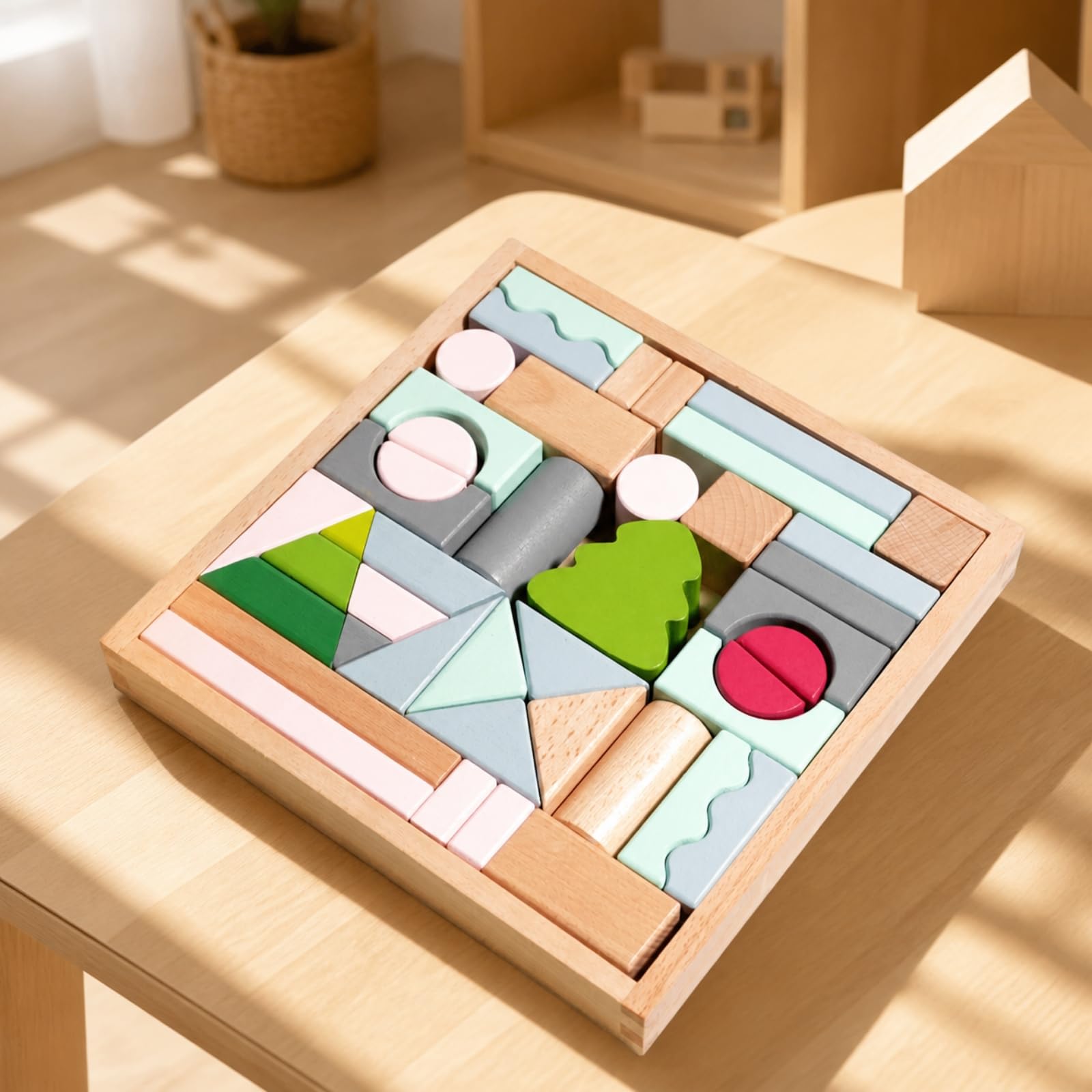 43 Piezas Juguete con Banja Diseño para Apilar y Encajar, Resistente, Bloques Construcción con Caja, Hogar, Niños en Edad Preescolar, Marrón