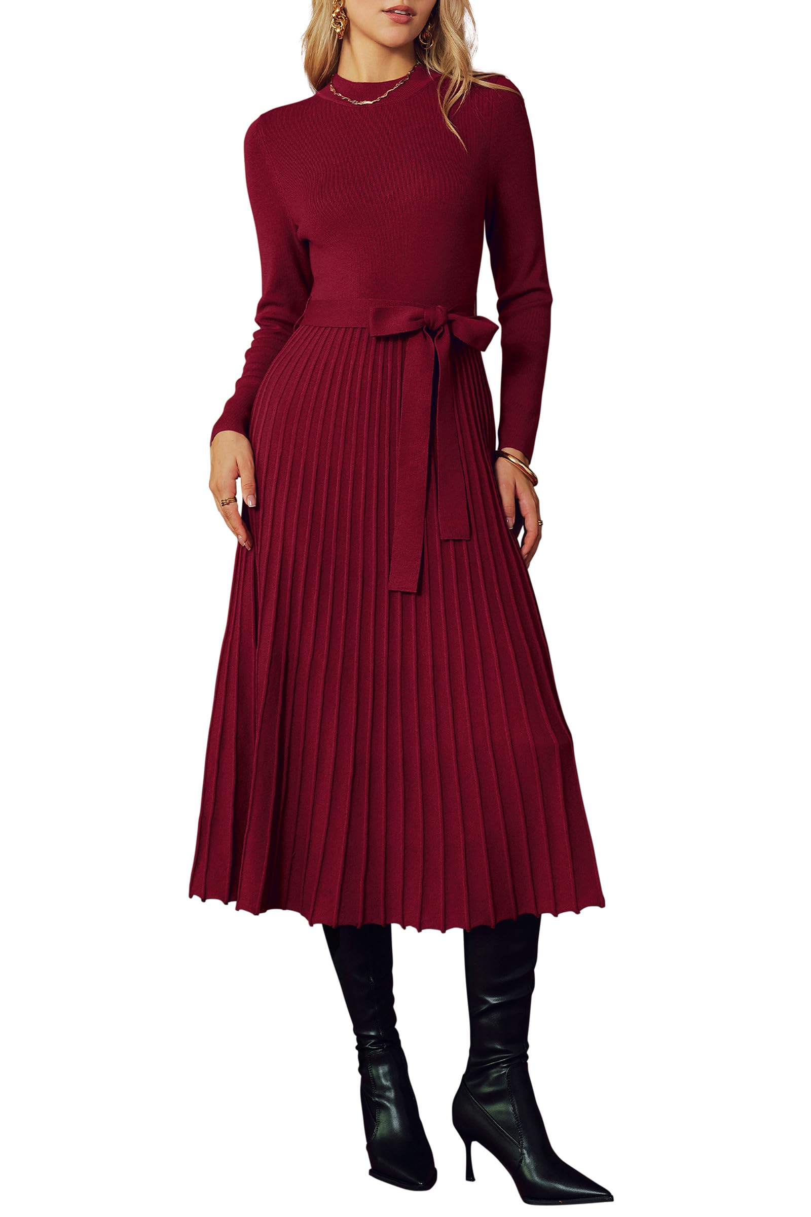 Arach Cloz Womens Wool Blend Mock Neck Tie Waist Fall Winter Pleated Sweater Dress 2025