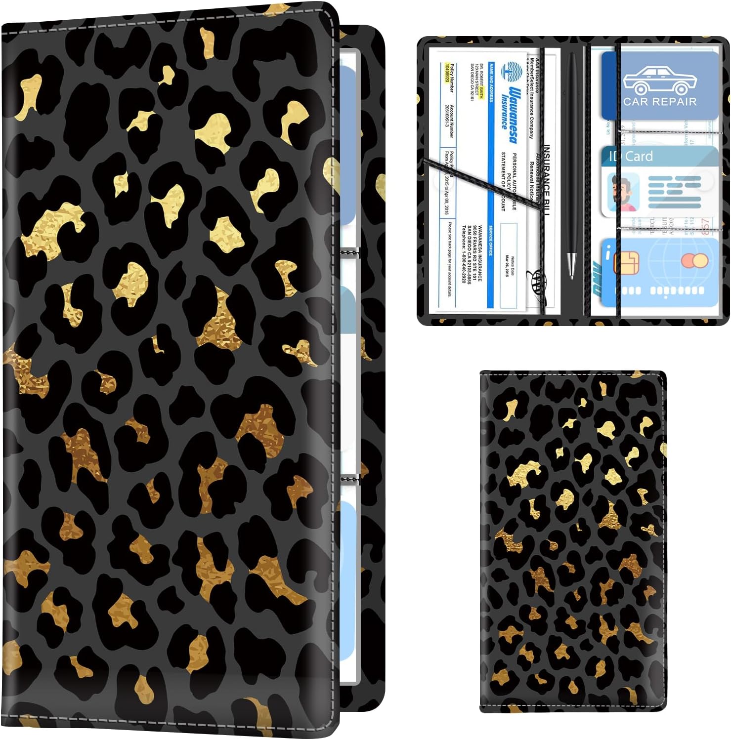 Leather Car Registration and Insurance Holder, Premium Vehicle Glove Box Car Organizer with Magnetic Shut, Cute Interior Car Accessories Luxury Black Golden Leopard