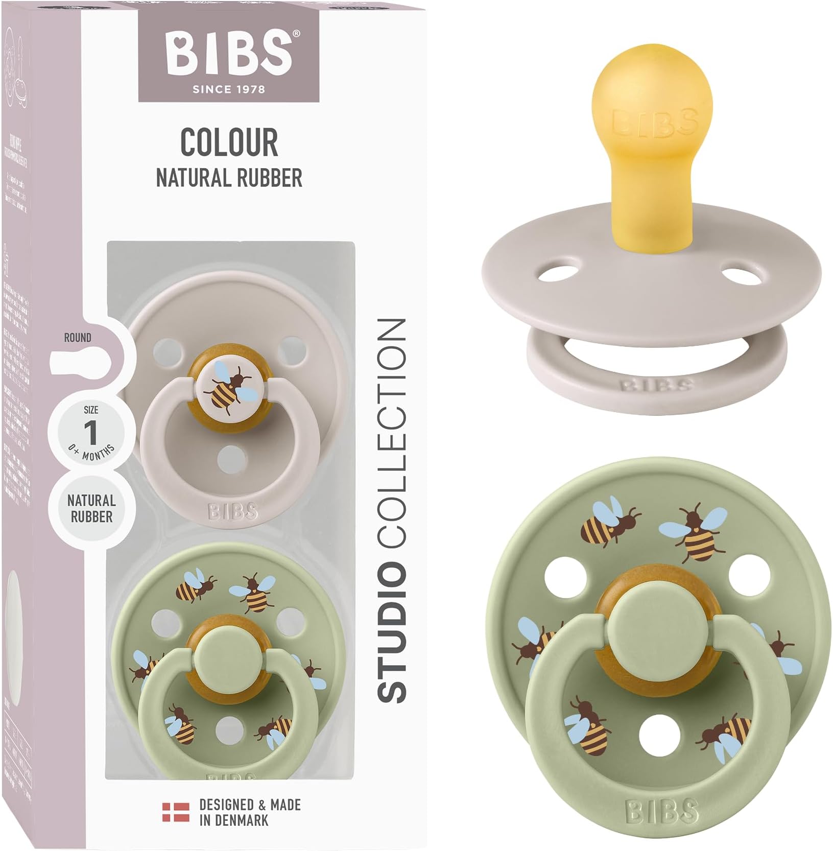 BIBS Studio Colour Pacifier 2 Pack – Bumblebee Latex Size 1 (0–6 Months) – Mushroom Mix – BPA-Free Natural Rubber Soothers
