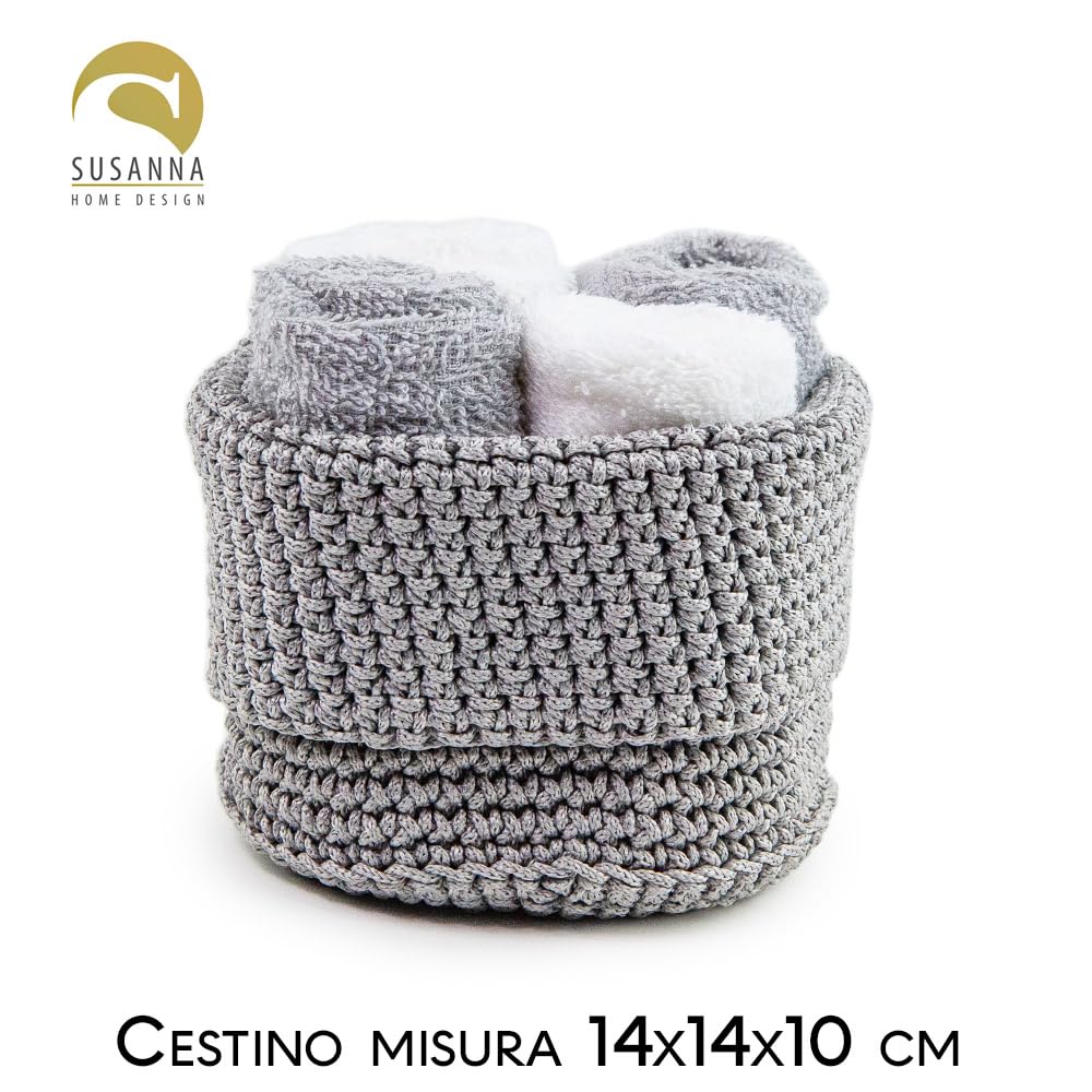 Generico Susanna Home Set 4 Lavette 30x30 - Asciugamano Ospite in Spugna di Cotone - Confezionato in elegante cestino uncinetto (GRIGIO)