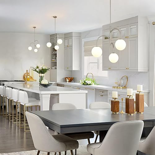 Miniatura 4 de Flyrose Candelabro moderno de 3 luces de cristal de leche de mediados de siglo, lámpara colgante de níquel cepillado, bola de globo grande, lámpara