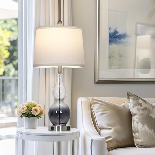 Miniatura 6 de 27.5" Gradual Gray Clear Glass Table Lamp Set of 2,3-Way Dimmable Touch Control Bedside Lamps with USB Ports and AC Outlet, Modern Nightstand Lamps