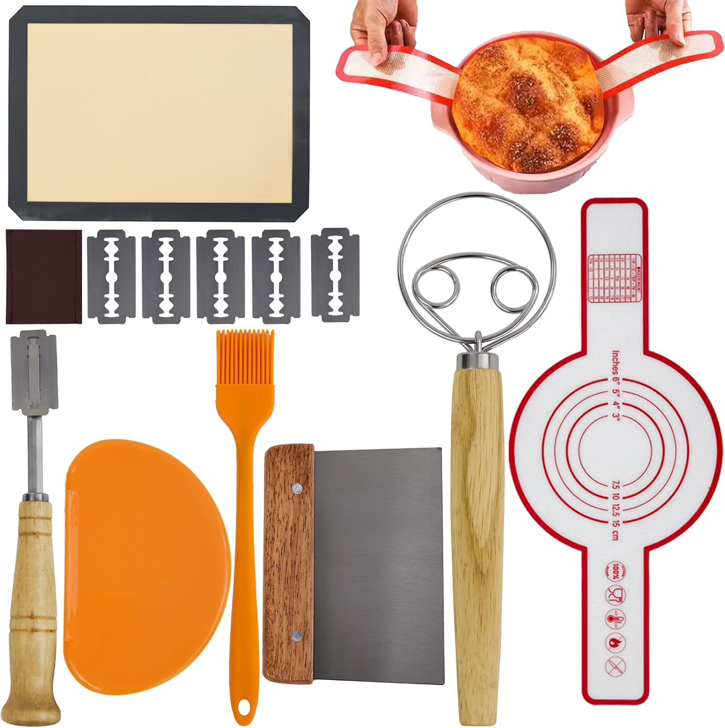 HAIKYPO 7 Set Bread Making Tools,Danish Dough Whisk,Bread Whisk,Bread Dough Whisk,Bread Scoring Tool,Bench Dough Scraper,Sourdough Bread Baking Supplies for Baking Enthusiasts