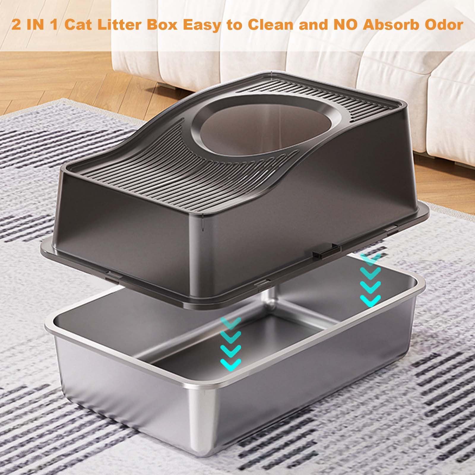 Stainless Steel Enclosed Cat Litter Box with Lid, Top Entry High-Sided Litter Box for Large Cats, Odor-Resistant & Easy Clean Kitty Litter Pan – 60x40x34.5cm White Base, Anti-Scatter Design - image 2