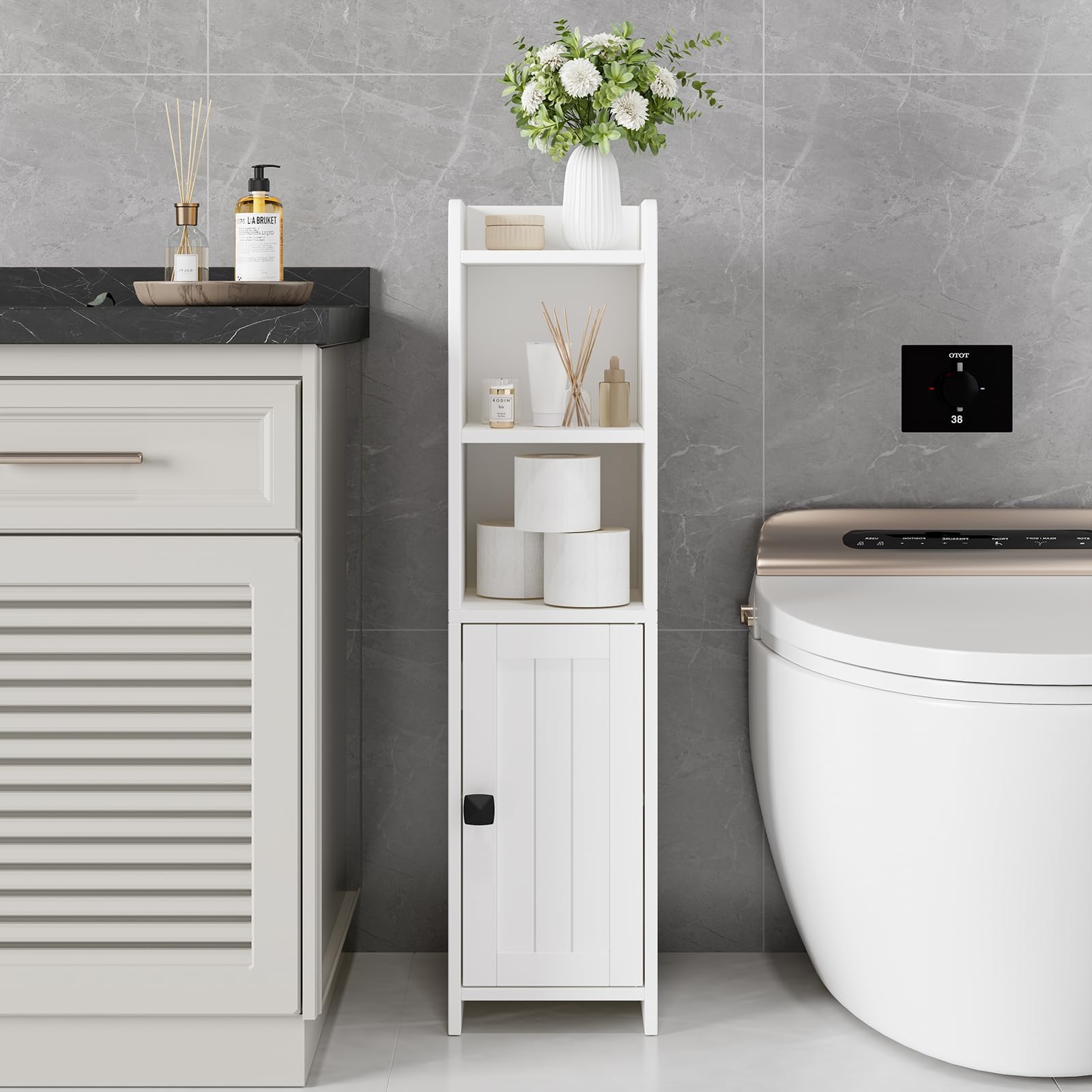 Lomojo Petit meuble d'angle de salle de bain, avec étagères réglables, autoportant, étroit, organisateur pour papier toilette pour petits espaces (blanc)