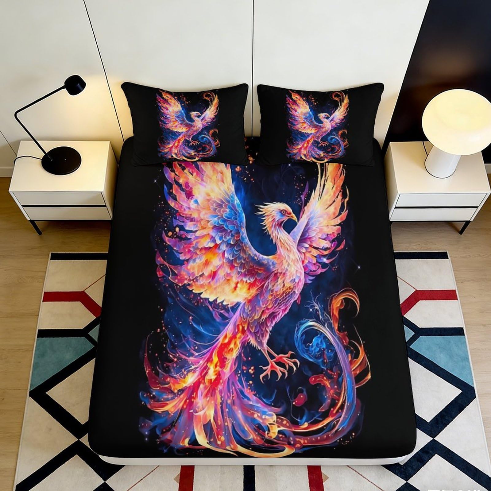 3D Printed Fire Phoenix Fitted Sheet Microfiber Vibrant Fantasy Bird Mattress Cover for Bedroom Dorm Decor 90x200x25cm