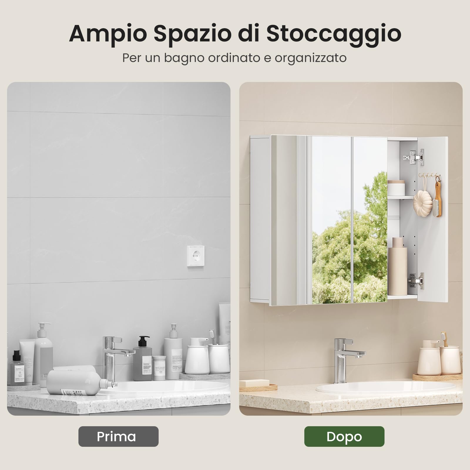 EUGAD Armadietto Bagno con Specchio, Mobile Bagno Sospeso, con 3 Ante, Ganci, Ripiani Regolabili, Stile Nordico, Bianco, 70x14,5x61 cm