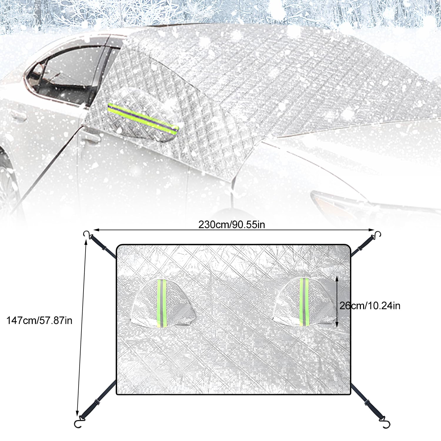 Couverture Pare Brise Voiture Hiver, Bâche Pare Brise Anti Givre avec Coques de Rétroviseurs et Bandes Réfléchissantes pour Voitures SUV (230 x 147cm)
