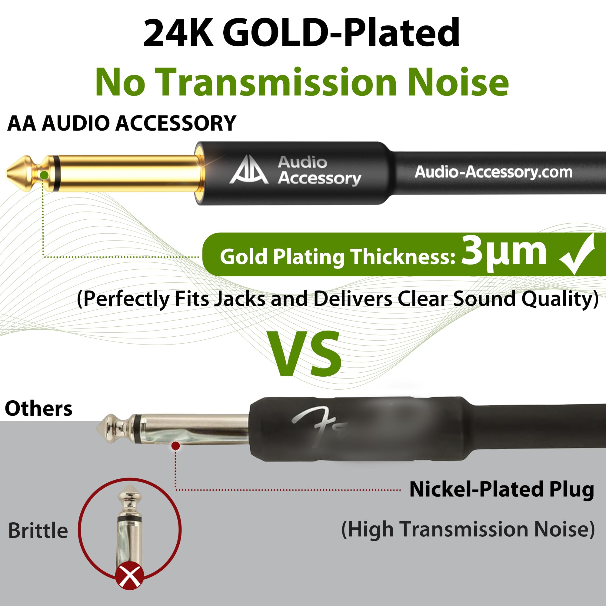 AA AUDIO ACCESSORY Câble de guitare Pro Series 3 m, 18 AWG 99,99 % OFC, connecteur doré, faible capacité, sans enchevêtrement, câble d'instrument renforcé en Kevlar de 6,35 mm pour Fender Guitare