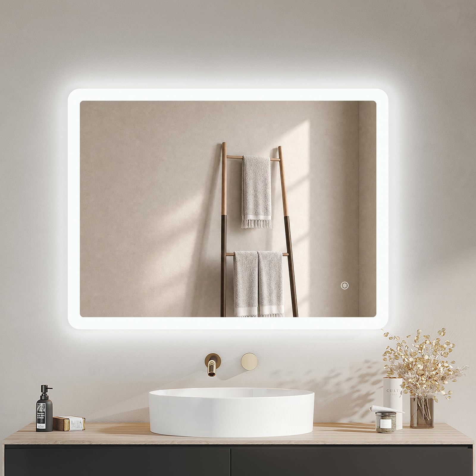 IMPTS Badspiegel mit Beleuchtung 80x60cm LED Spiegel Bad Dimmbar | Badezimmerspiegel mit Touchschalter, Badezimmer Wandspiegel mit Licht, Kaltweiß 6500K, Wasserdicht IP44