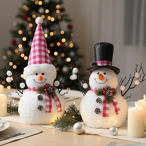 Miniatura 4 de Paquete de 2 decoraciones de Navidad rosas, muñecos de nieve de felpa iluminados de 14 pulgadas con ramitas de cono de pino, regalo de vacaciones de