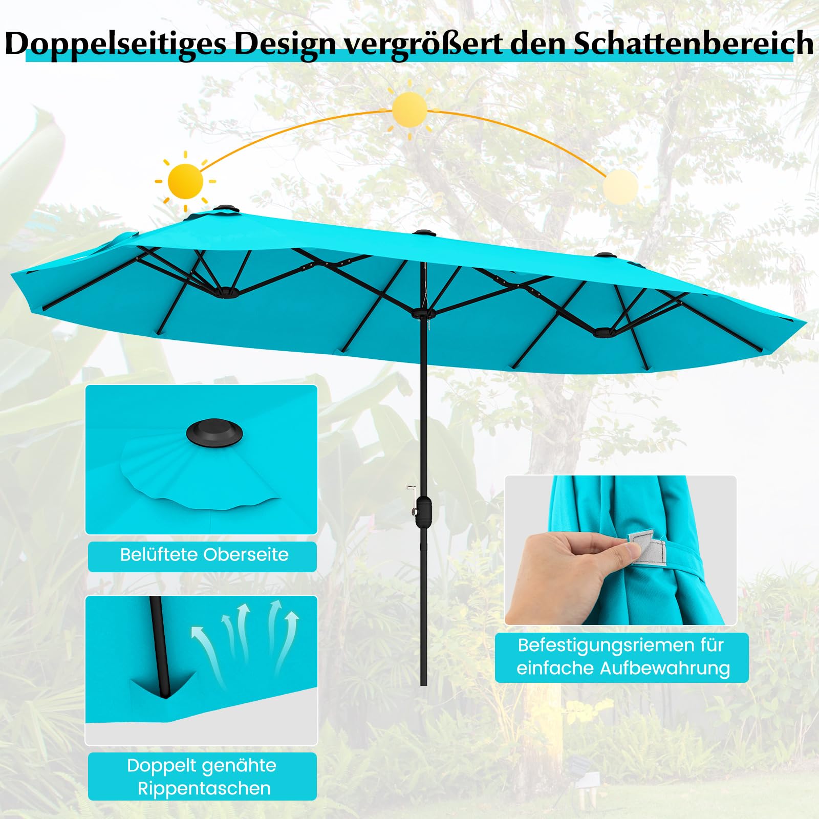 COSTWAY Podwójny parasol przeciwsłoneczny ze stojakiem, 400 x 200 cm, duży XXL, UPF 50+, parasol ogrodowy z korbą, parasol tarasowy, do ogrodu, na taras i basen