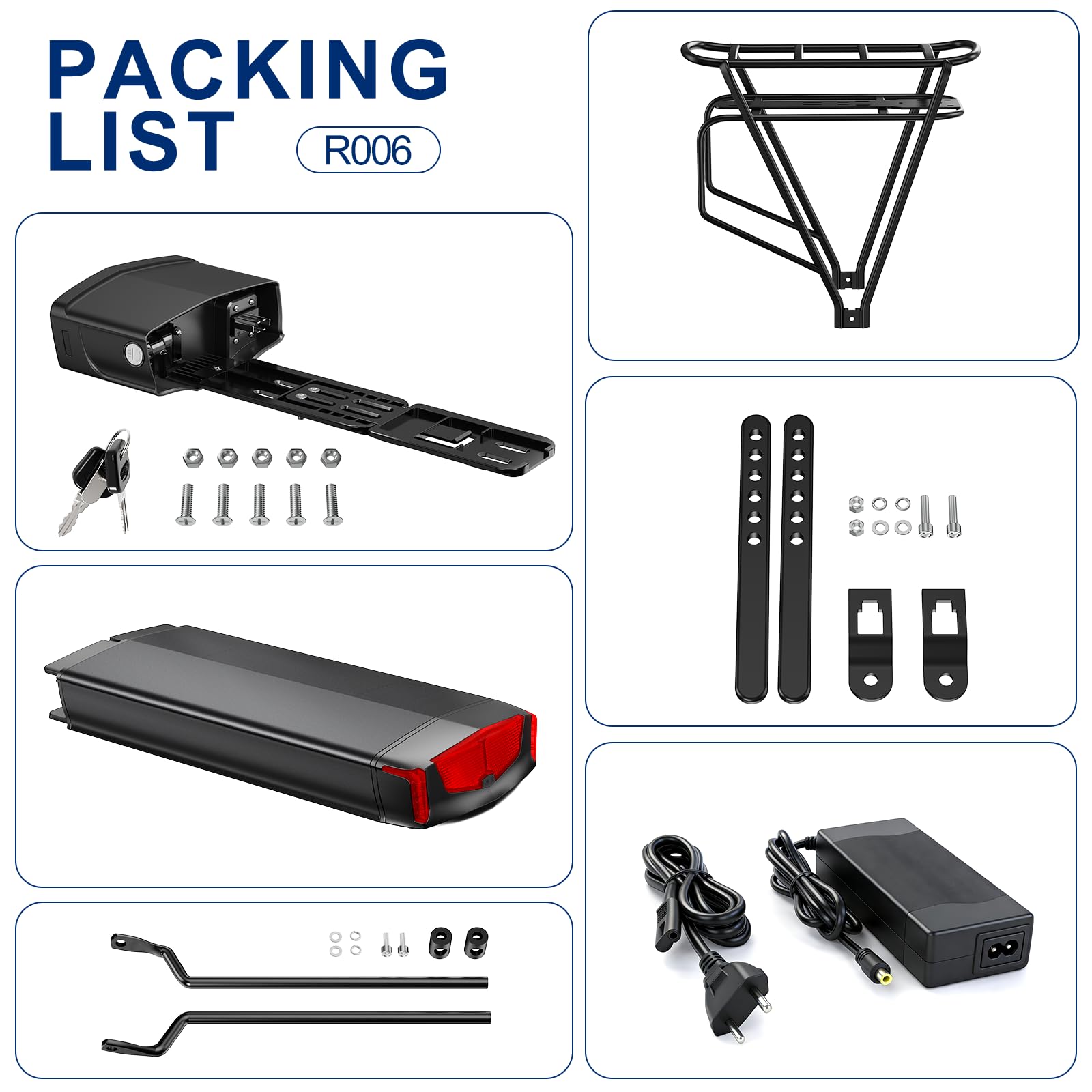 Batteria per bici elettrica con fanale posteriore - Batteria per bici elettrica con portapacchi pper motori elettrici da 250 W, 500 W, 750 W e 1000 W