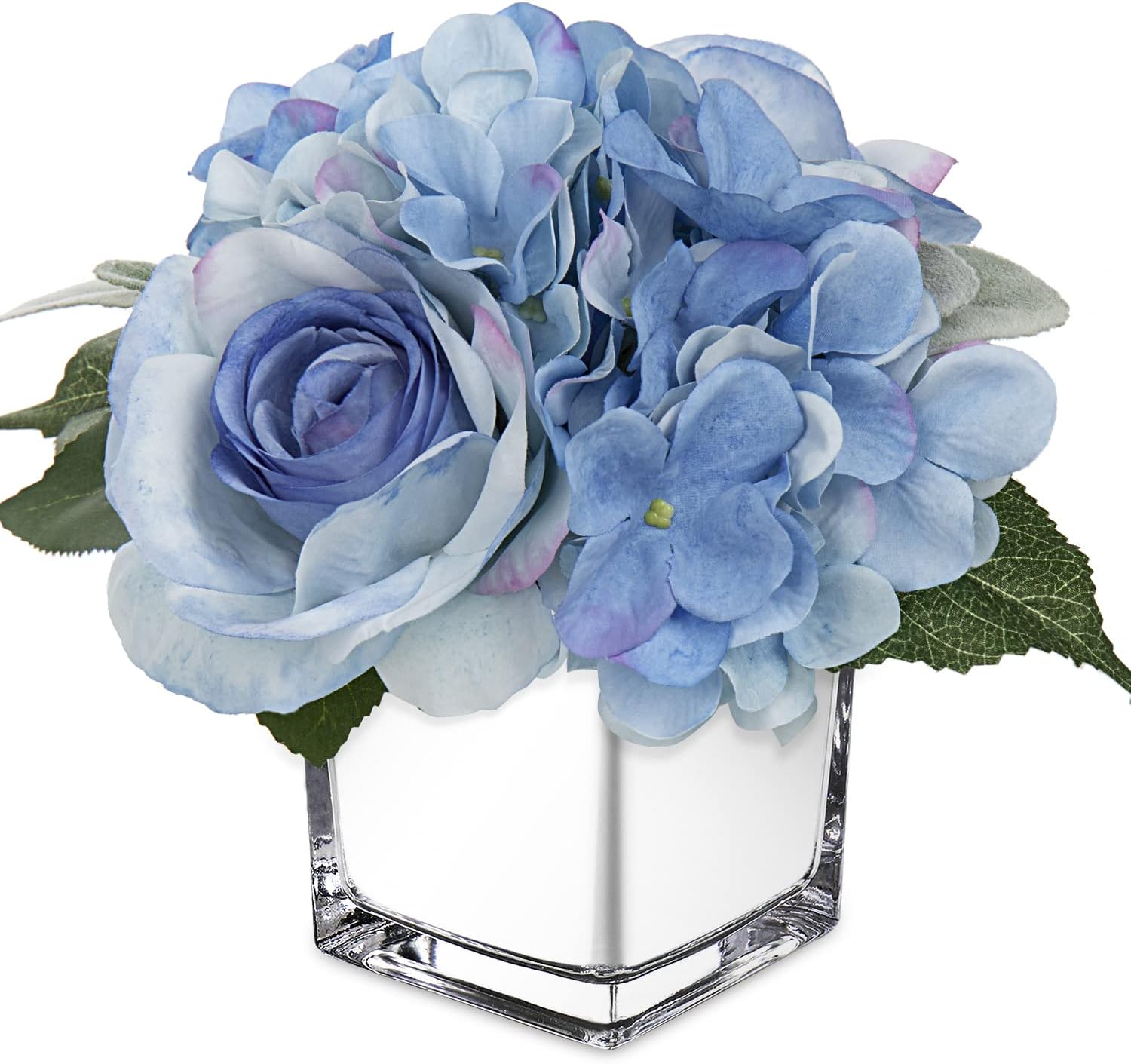 GnFlus Artificial Flowers in Vase Fake Silk Hydrangea Rose Flower Arrangement Faux Potted Flowers for Indoor Home Bathroom Office Table Shelf Decor, Blue