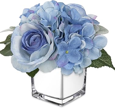 GnFlus Artificial Flowers in Vase Fake Silk Hydrangea Rose Flower Arrangement Faux Potted Flowers for Indoor Home Bathroom Office Table Shelf Decor, Blue