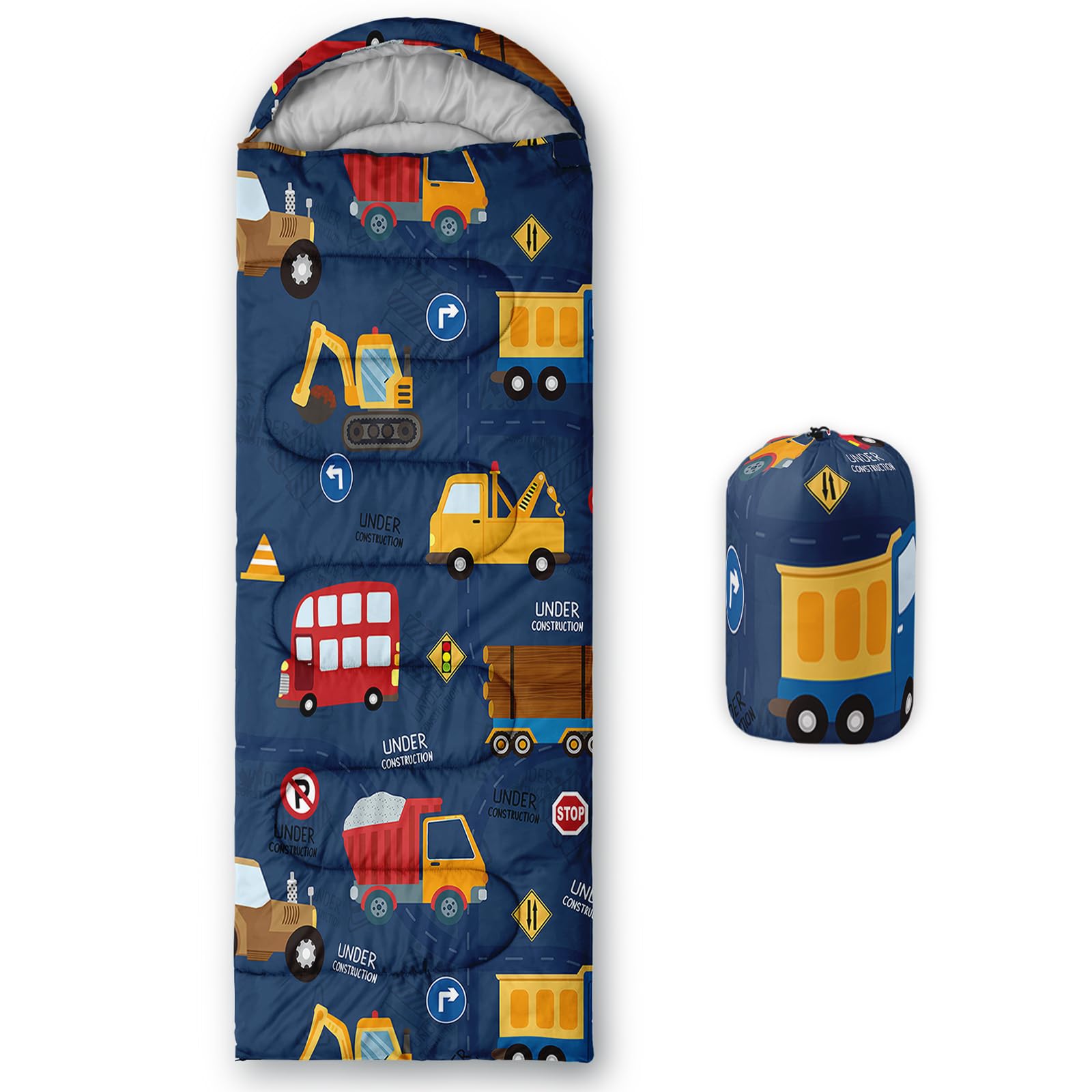 QOOMO Construction Printed Camping Sleeping Bags,3 Season Warm & Cool Weather,Lightweight,Waterproof Sleeping Bags for Adults & Kids,Traveling,and Outdoors,Camping Gear Equipment,31x90inch