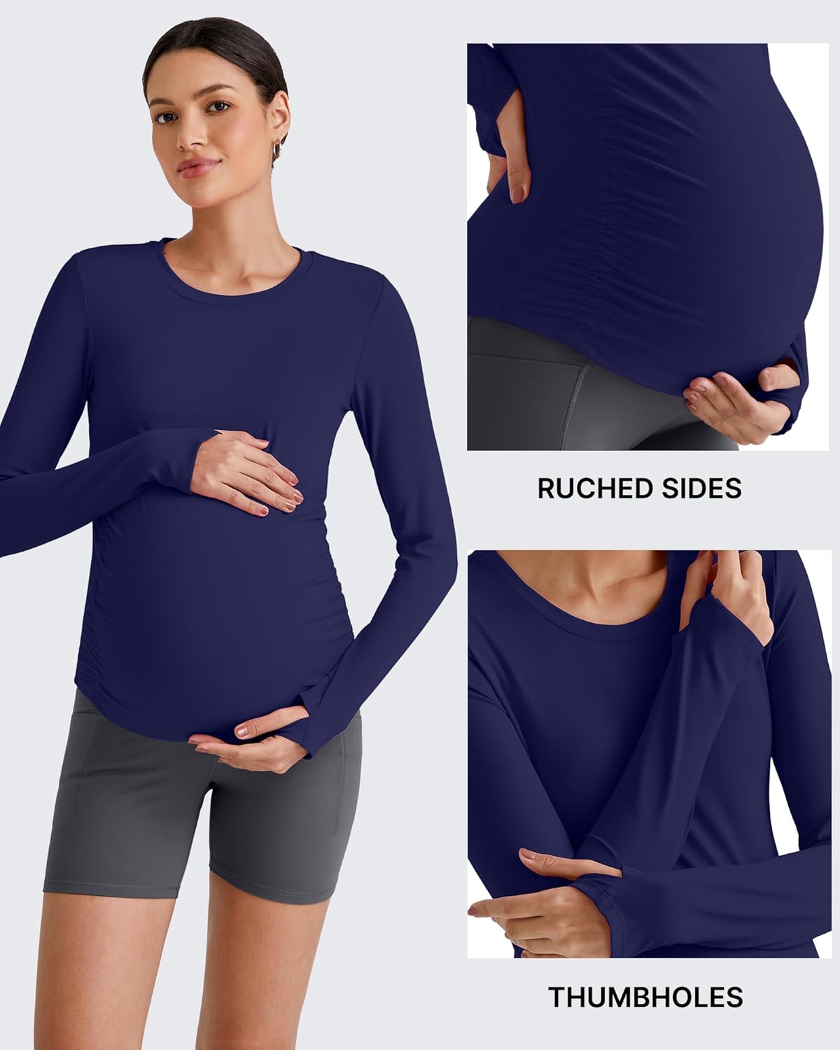 G4Free BareFeel Maternity Long Sleeve T Shirts Crewneck Ruches Pregnancy Workout Tops with Thumbholes Altheltic Yoga Tee
