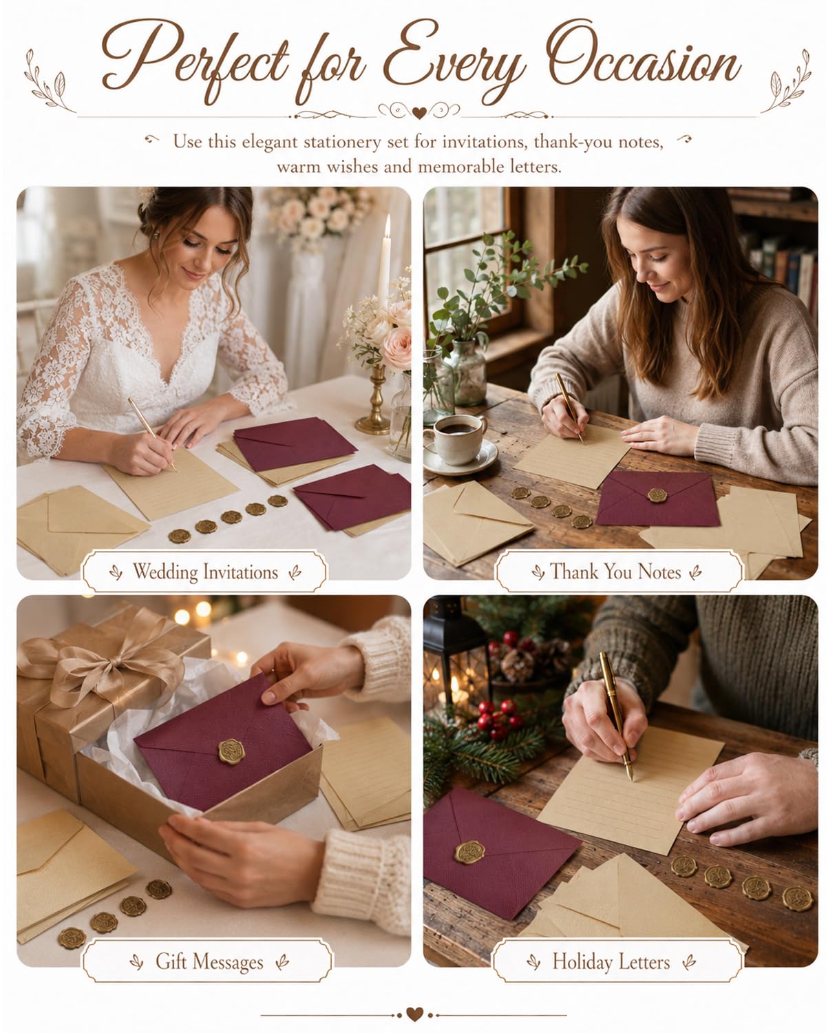 Set Carta da Lettere Vintage 32 Pezzi: 6 Buste & 20 Fogli A5 Kraft Rigati, 6 Sigilli Ceralacca per Inviti Matrimonio