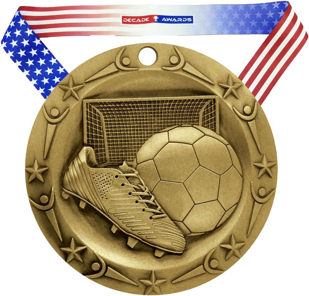 Soccer World Class Medal - 3 Inch Wide Futbol Medallion with Stars and Stripes American Flag V Neck Ribbon