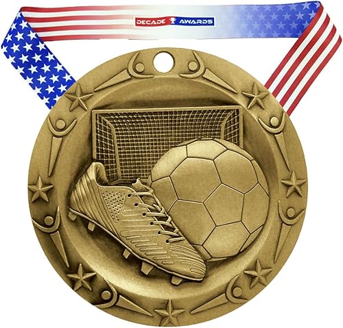 Oro, Plata o bronce Clase Mundial de Fútbol Medalla3" Amplia metal FuerteViene con Stars & Stripes Bandera Americana V-Neck cinta disponible en Yaxa Colombia