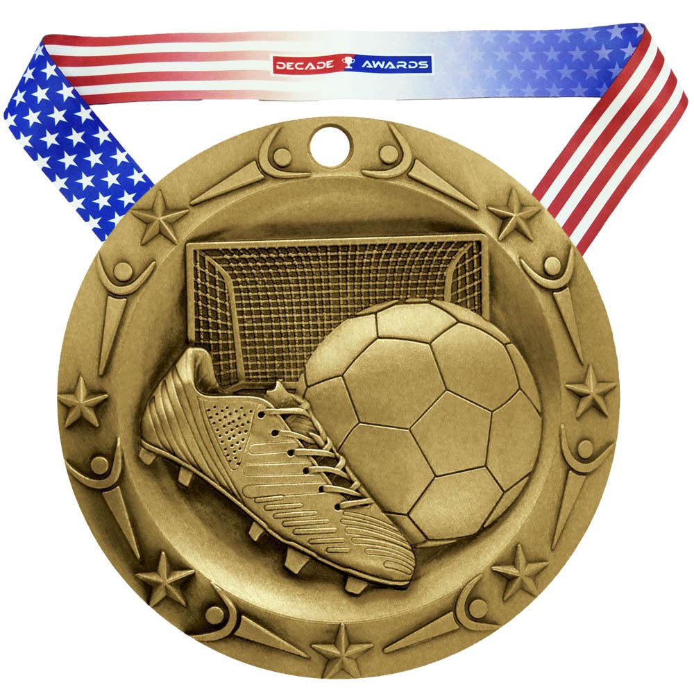 Decade Awards Soccer World Class Medal - 3 Inch Wide Futbol Medallion with Stars and Stripes American Flag V Neck Ribbon