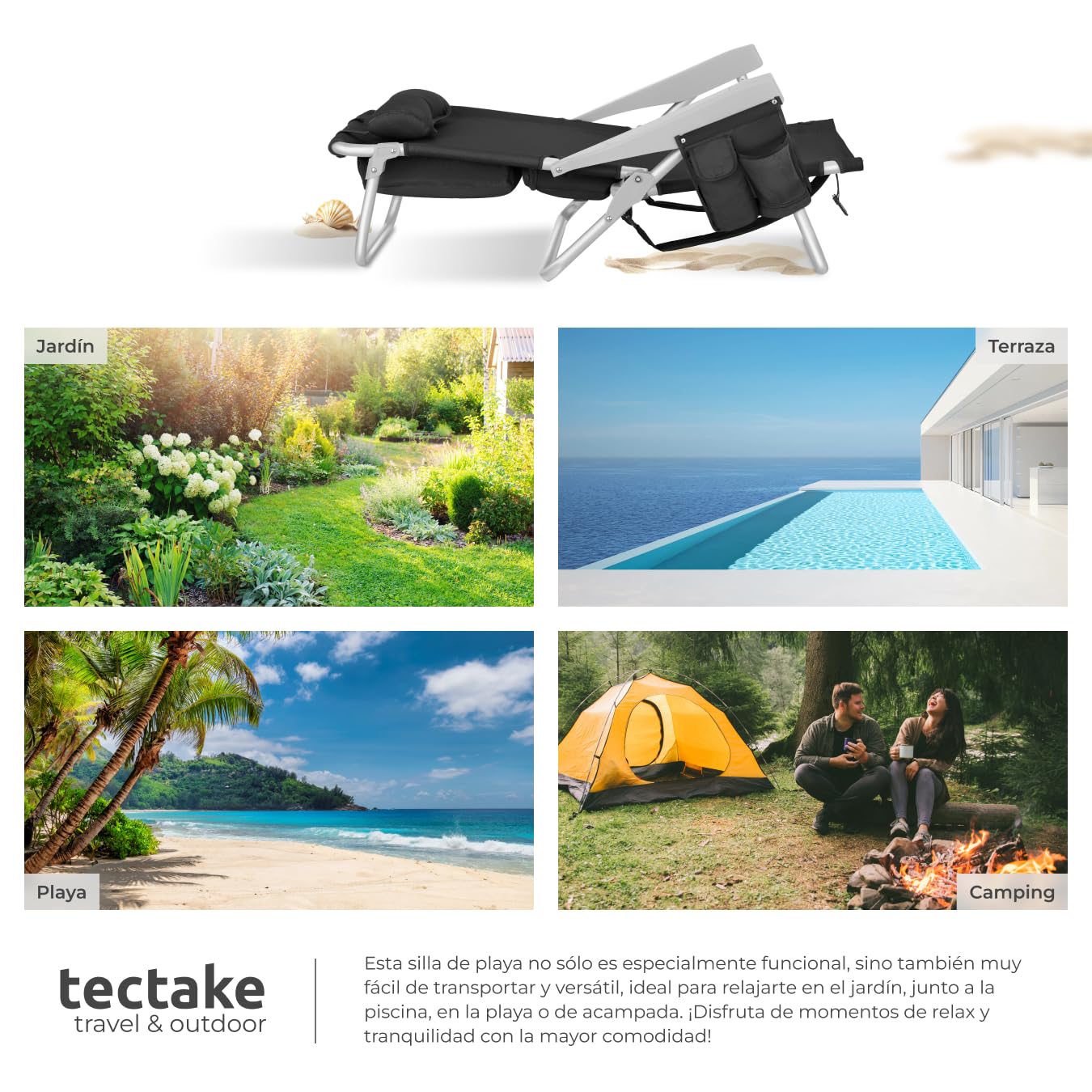 tectake® Silla Playa Plegable con Respaldo Ajustable, Estructura de Aluminio, Función Mochila, Silla Camping Ligera, Ideal cómo Sillas Playa o Sillas Plegables Camping para Relax - 1 Unidad Negro
