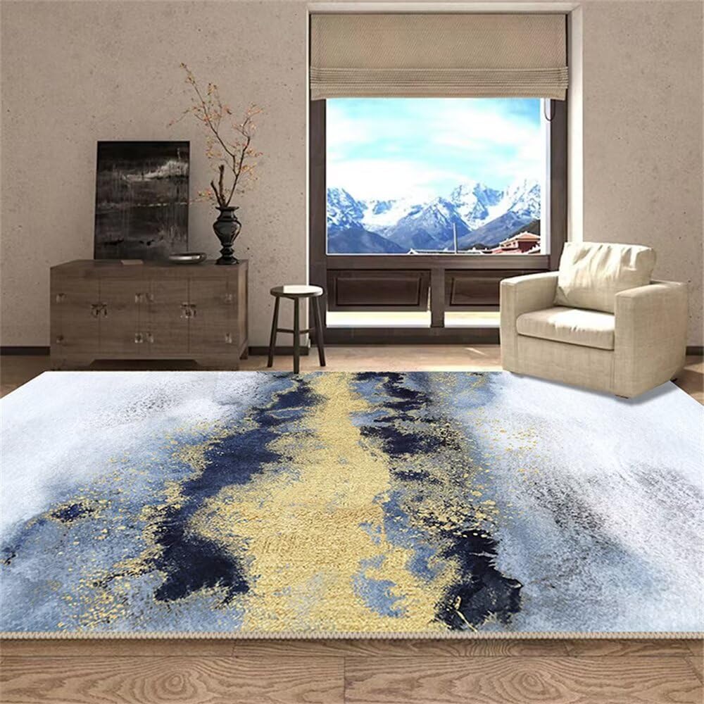 Tapis de salon de couleur bleu et jaune aux finitions haut de gamme