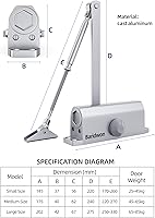 Vista 4 de Cierre de puerta hidráulico de grado comercial tamaño grande, resistente sin golpe con función de mantener abierta, plateado