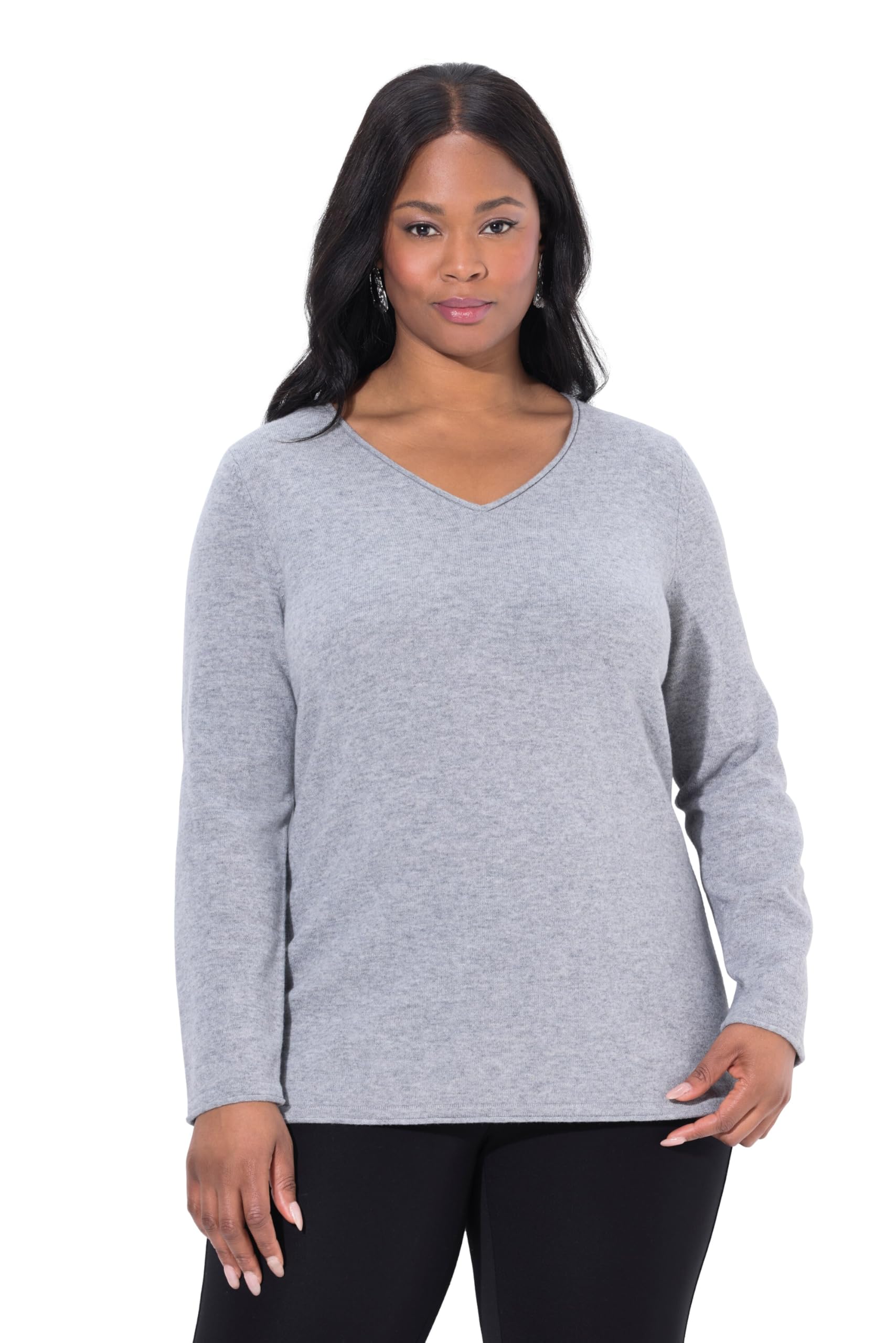 Ulla Popken Damen große Größen Übergrößen Plus Size Merino-Pullover, Rollkanten, V-Ausschnitt, Langarm 842968