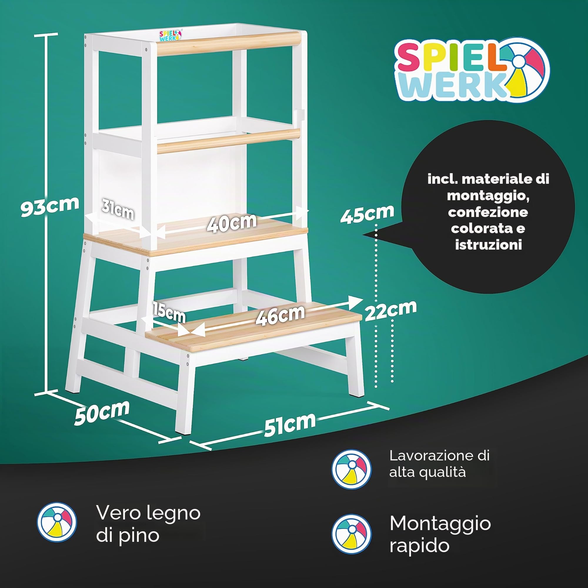 Spielwerk Torre Montessoriana Learning Tower in Legno 50x51x93 cm per Bambini da 2 Anni