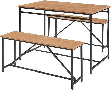Panana 3 Piece Dining Room Table Set 43 Inch Kitchen Table with Two Benches Breakfast Table Top with Sew Kerf Finish Metal Frame Dining Room Home Brown
