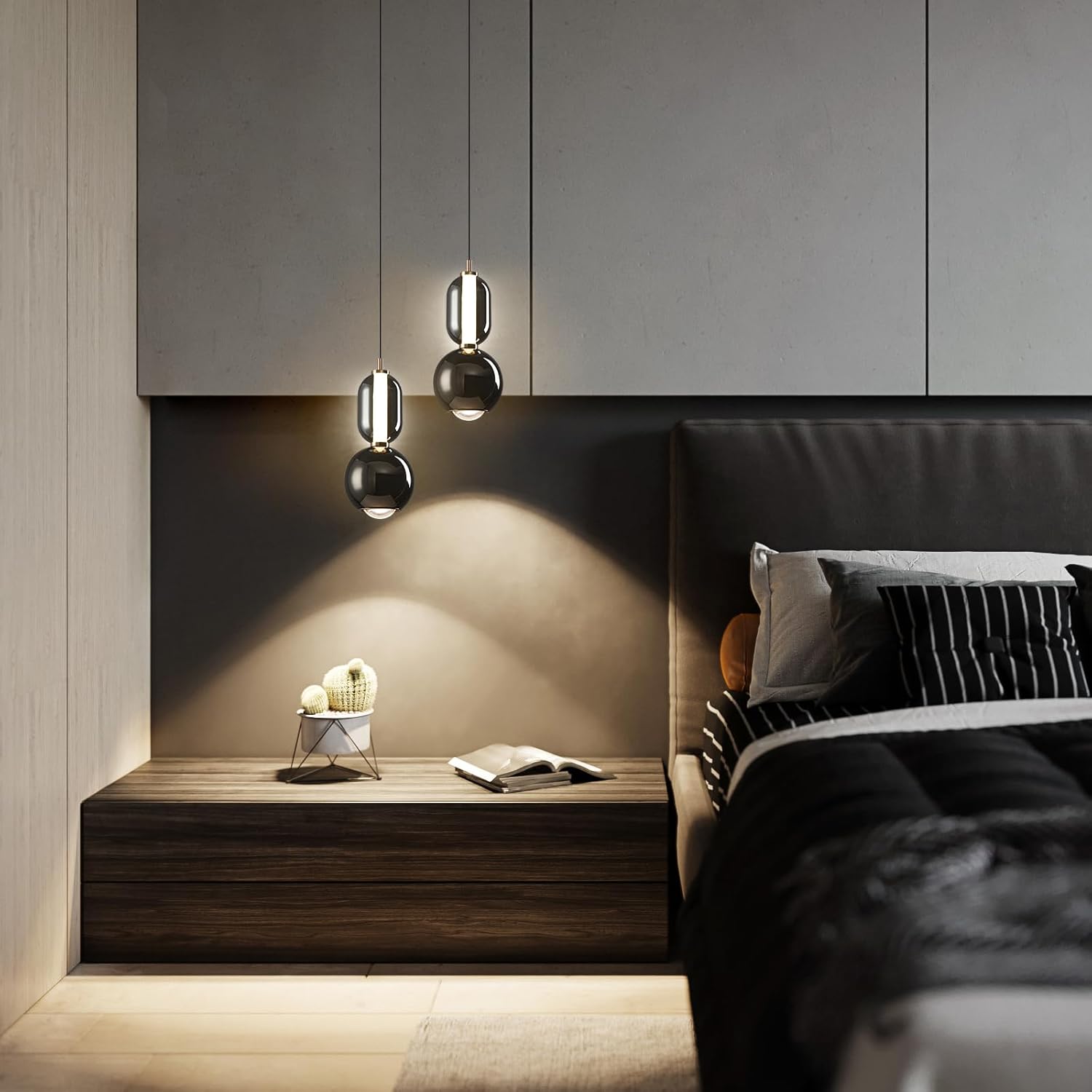 Modern Glass Pendant Light, Black Pendant Lighting LED Dimmable, Adjustable Pendant Lights Kitchen Island Dinning Room,Bedroom,Bar, Kitchen Island Ceiling Hanging Light Fixtures(1-Pack)