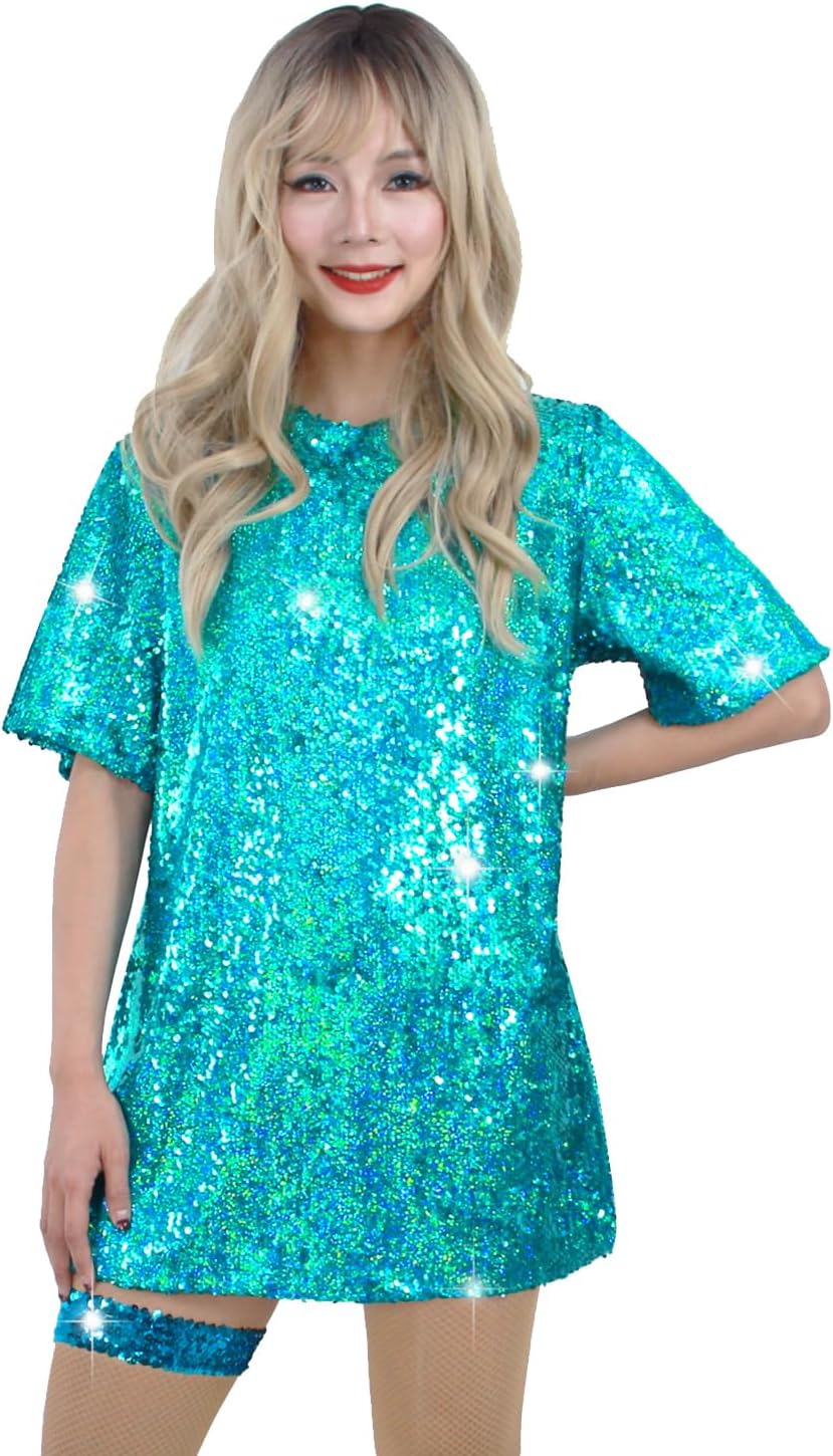 Sequin T-Shirt Dress Sparkly Casual Short Sleeve Party Club Outfit Costume