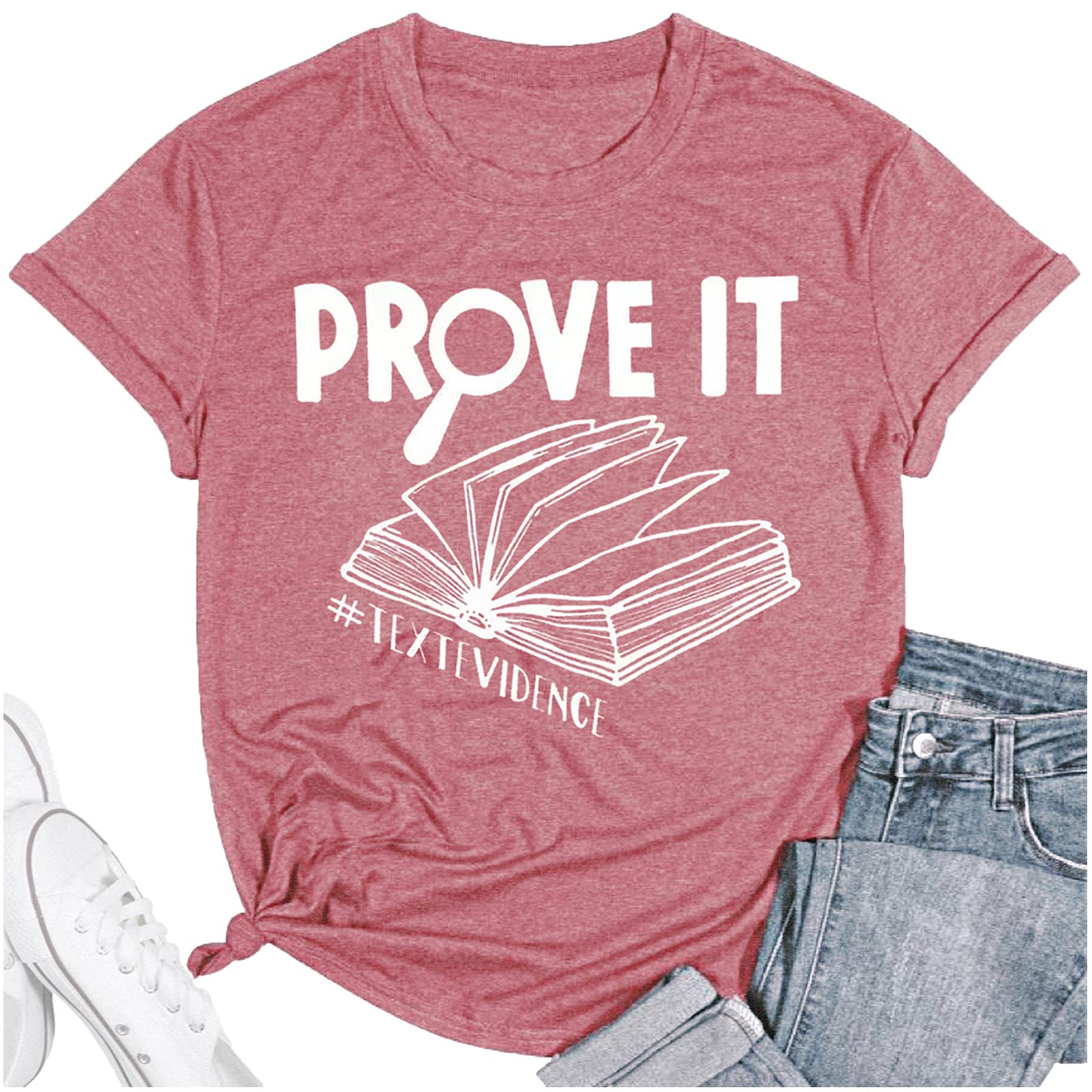 Teacher Shirts for Women Reading Book Graphic Tees with Prove It Text Evidence Letter Print Short Sleeve Tops