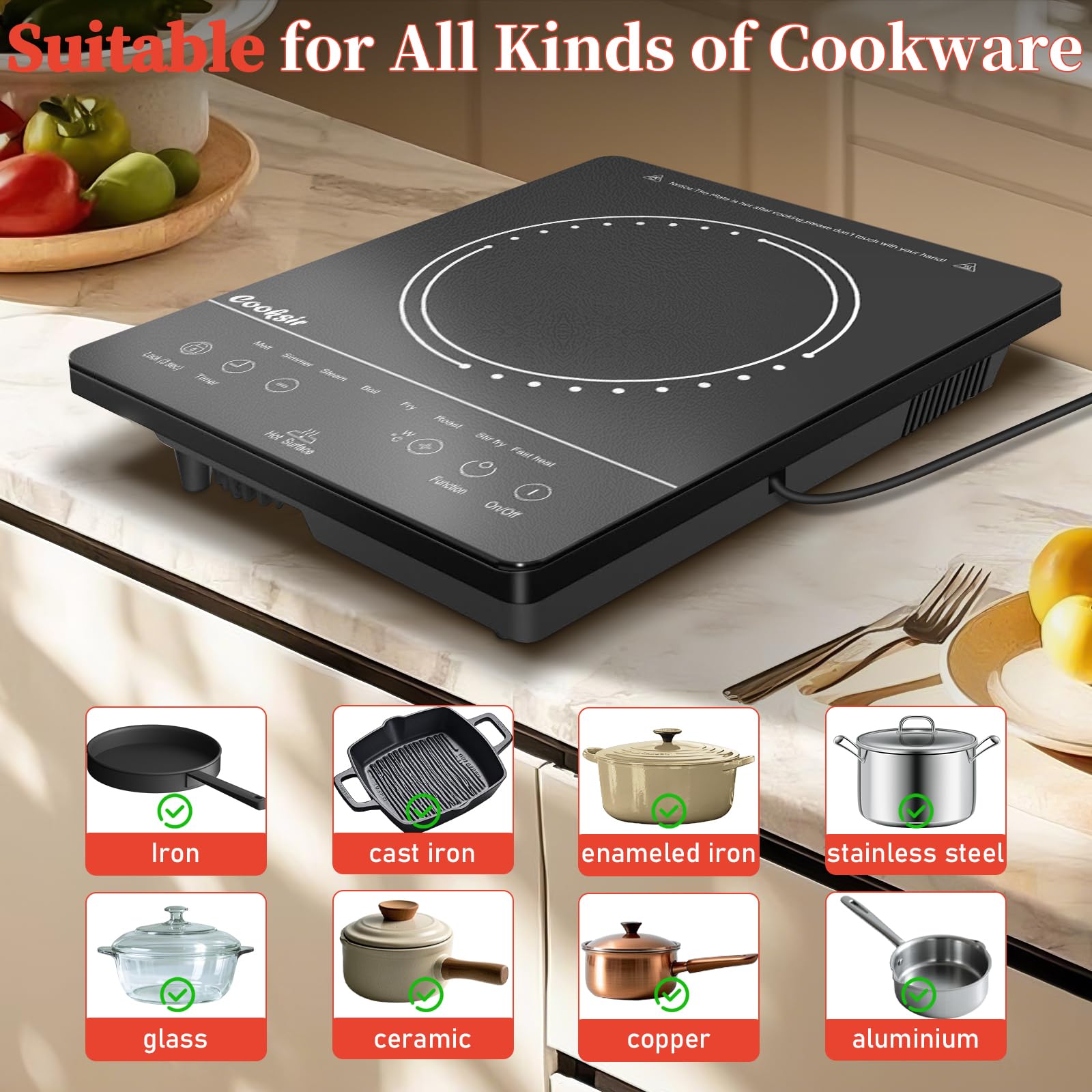 Ceramic Hob, Electric Ceramic Hob with LED Touch Screen, 2000W Single Cooking Zone Electric Cooktop with Safety Lock — view 6