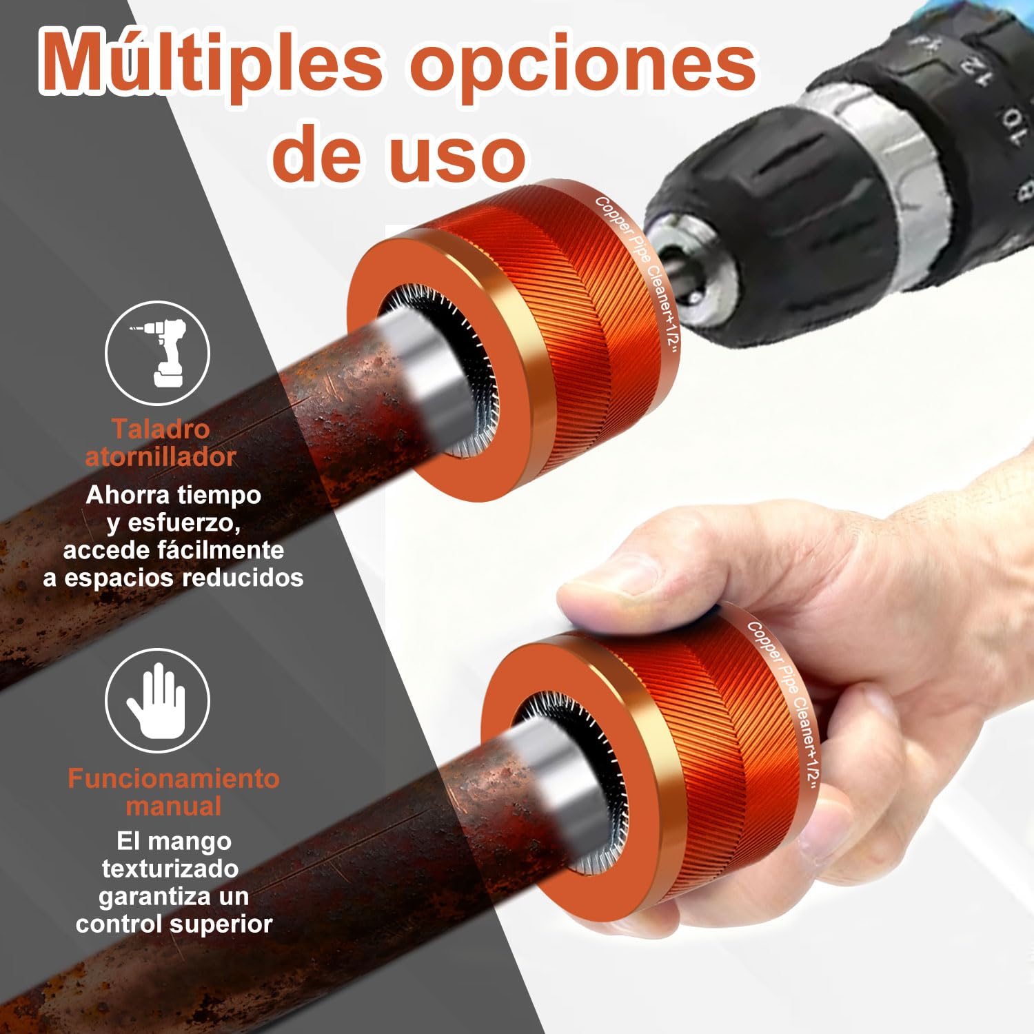 Juego de Cepillos para Tubos Metálicos de Cobre de 15 mm y 22 mm con Cabezales Reemplazables, Suciedad y Pintura de Tubos de Cobre y Metálicos de Varios Tipos