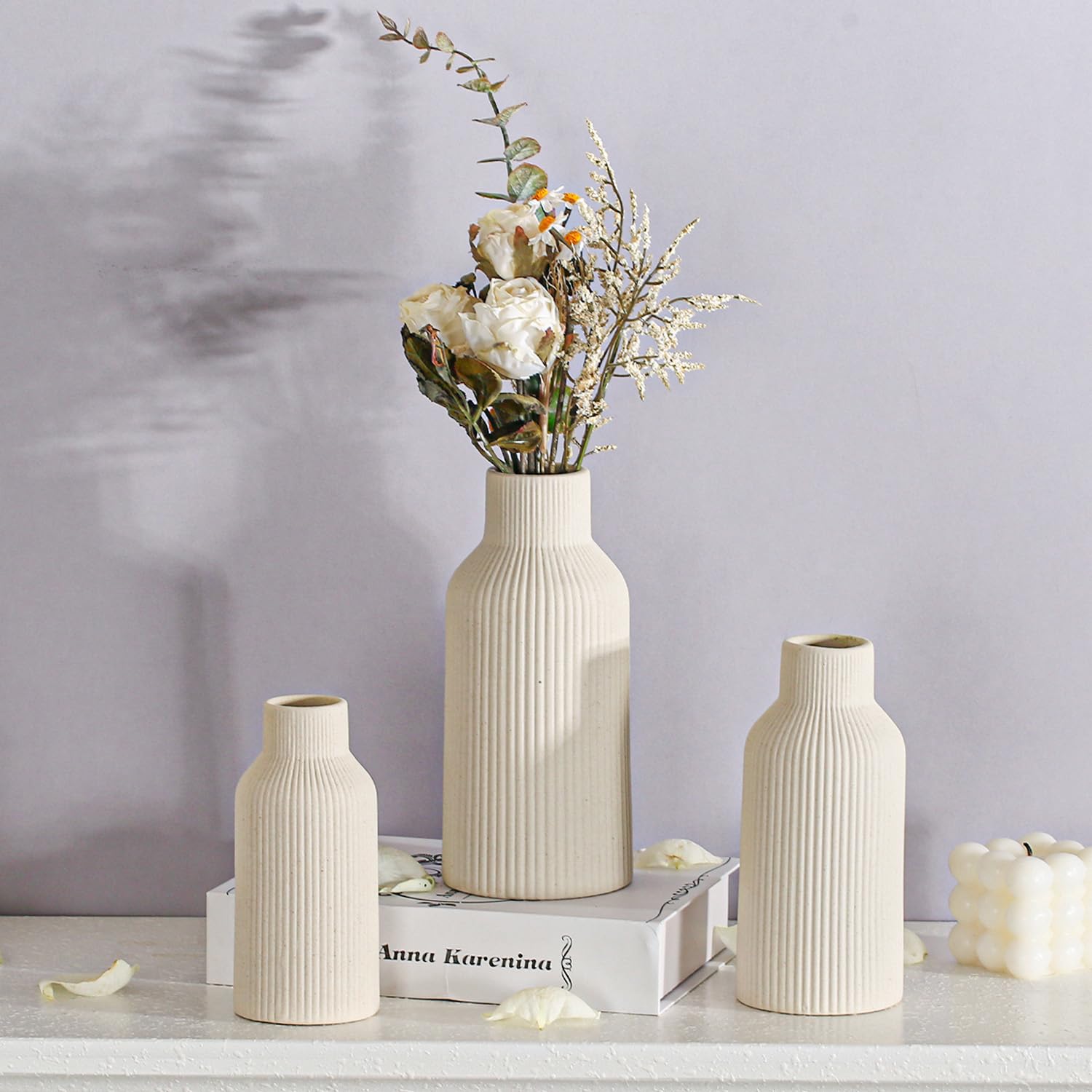 Czeski beżowy wazon ceramiczny – na trawę pampasową, gzyms, regał na książki, do przedpokoju i dekoracji salonu (beżowy, 3 sztuki)