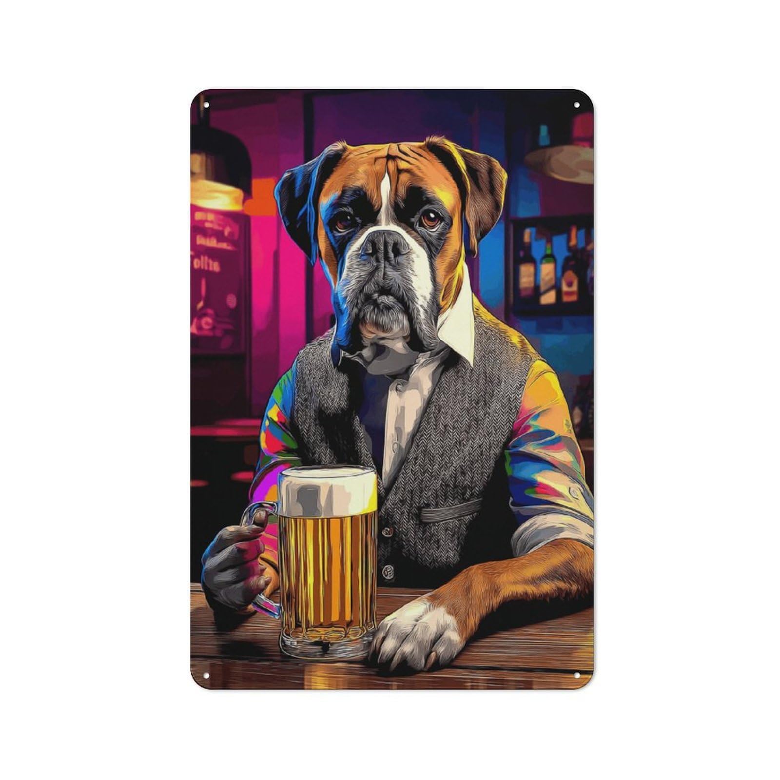 Junmoney Boxer Dog Enjoying A Beer In Bar Tin Wall Plaque 30X20cm With For Home Office Or Studio, For Home Office Decor Fans