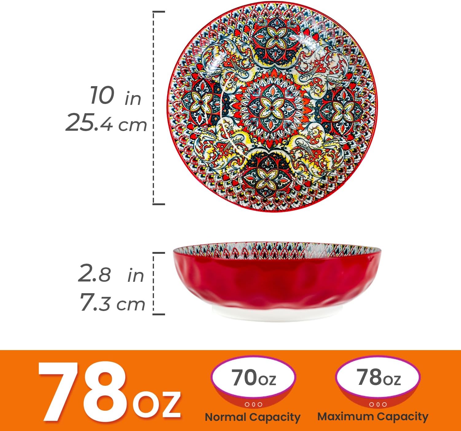 Large Serving Bowls, 10 inch Porcelain Bowls,75 Oz Fruit Salad Soups & Pasta Bowls for Entertaining, Dinner, Party - Stylish Decorative Dishes, Set of 2, Microwave & Dishwasher Safe - RED - Image 2