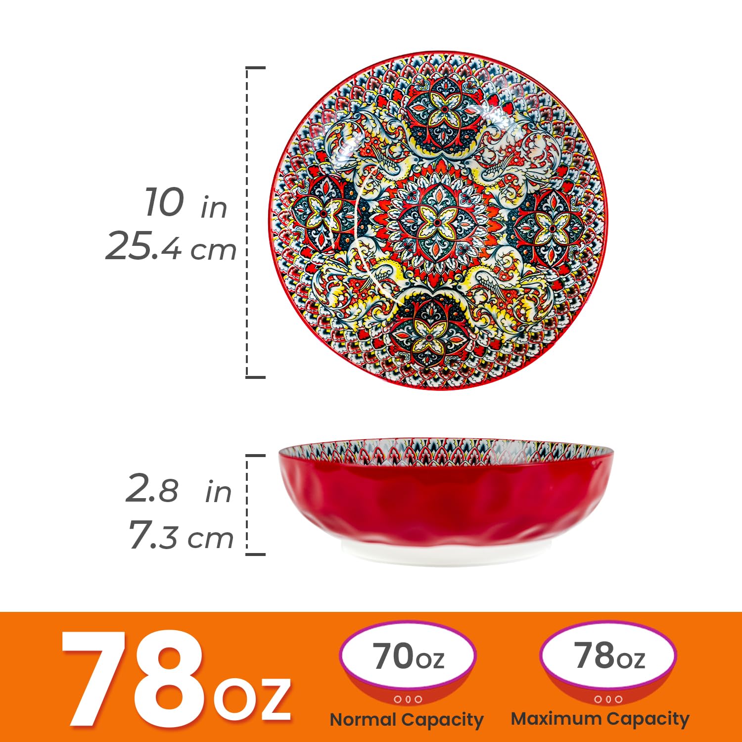 Zohsfbet Large Serving Bowls, 75 Oz Fruit Salad Soups & Pasta Bowls for Entertaining, Dinner, Party - Stylish Decorative Dishes, Set of 2, Microwave & Dishwasher Safe - RED