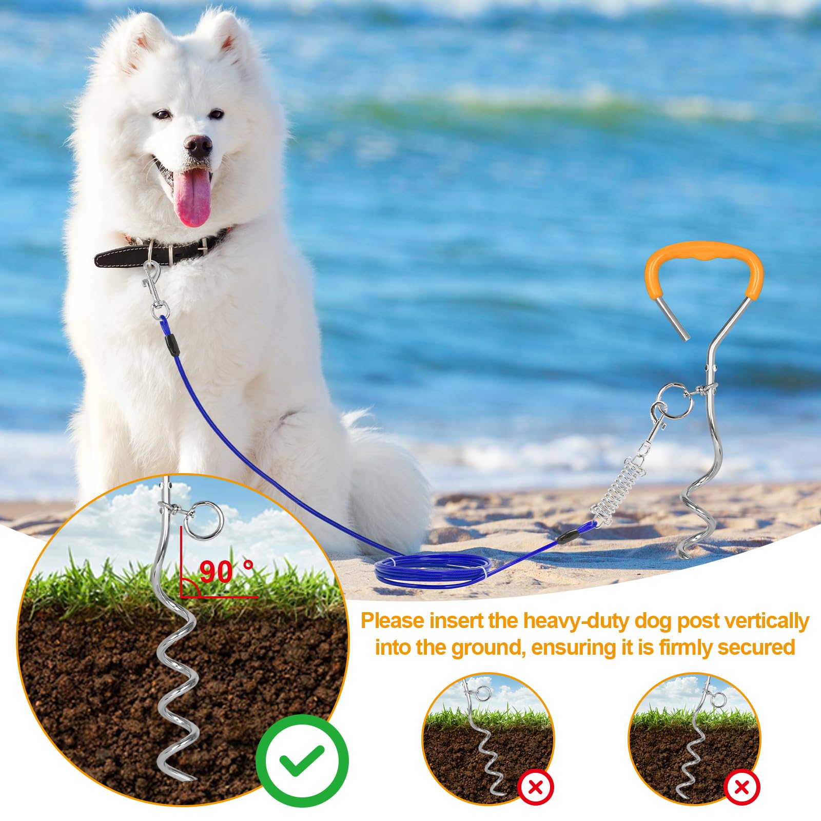 Ancrage au sol pour chien - 42 cm x 9 mm - Robuste et durable - Avec crochet rotatif et ressort absorbant les chocs - Pics pour chien en spirale - Pour jardin, plage, pelouse, extérieur (bleu)