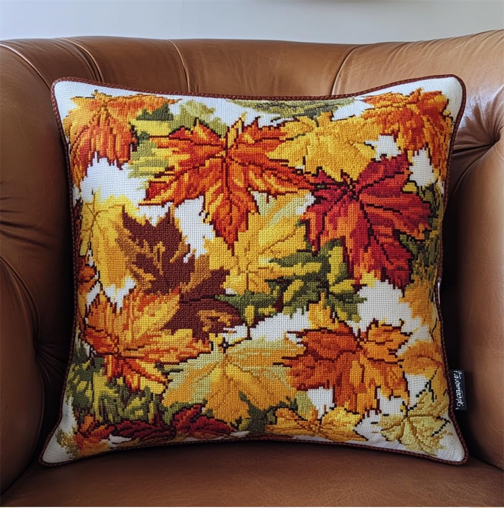 Hdfvlfdsa Cross Stitch Cushion Kit, Autumn Maple Leaves 17.7X17.7In(45X45Cm) Cushion Back Included, Pre Printed Canvas, Yarn and Needle Included
