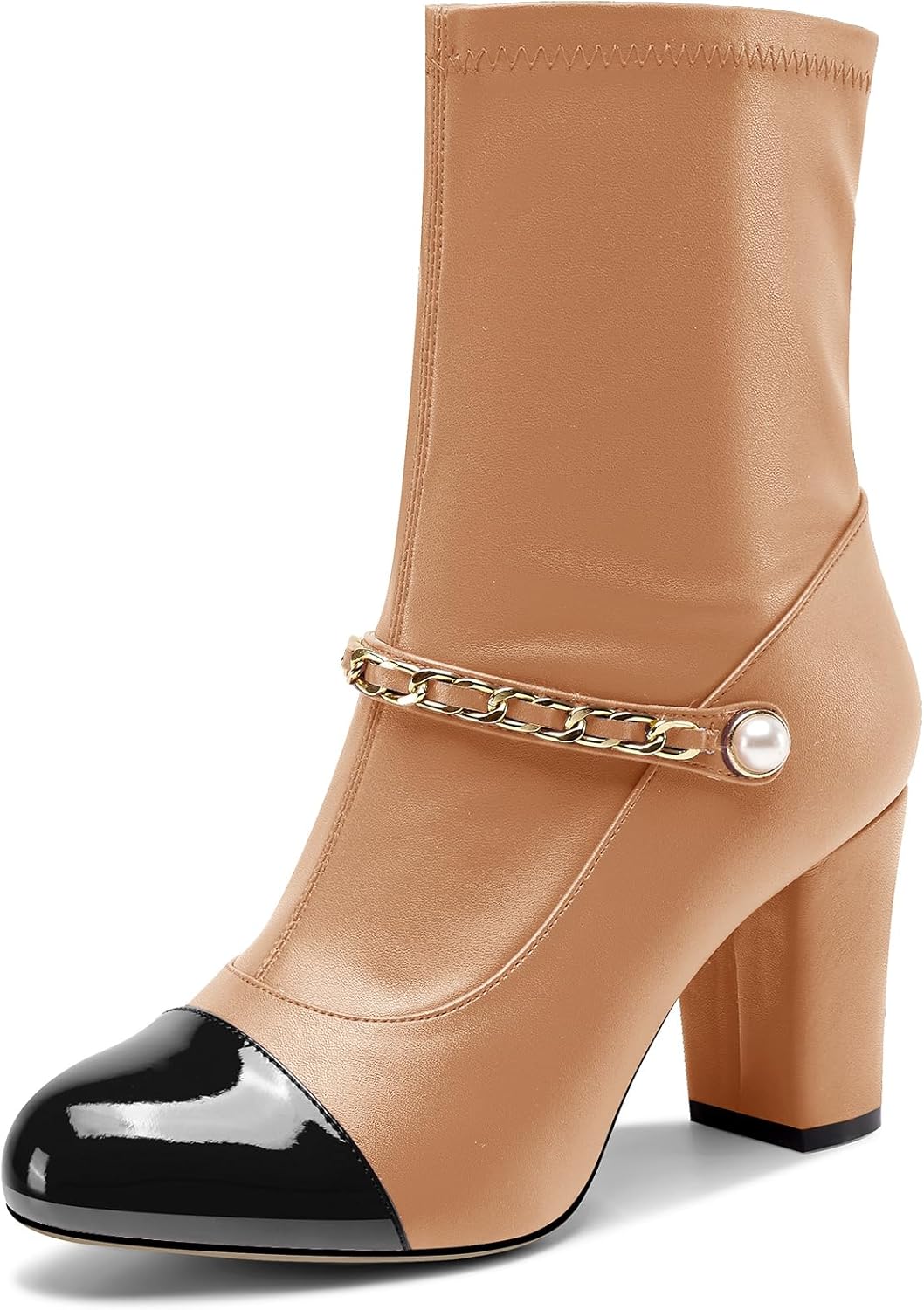 DearOnly Womens Block Heel Dress Patchwork Metal Chain Slip-on Ankle Boots Short Bootie Cute Pearls Round Toe Prom Casual Zipper Boots