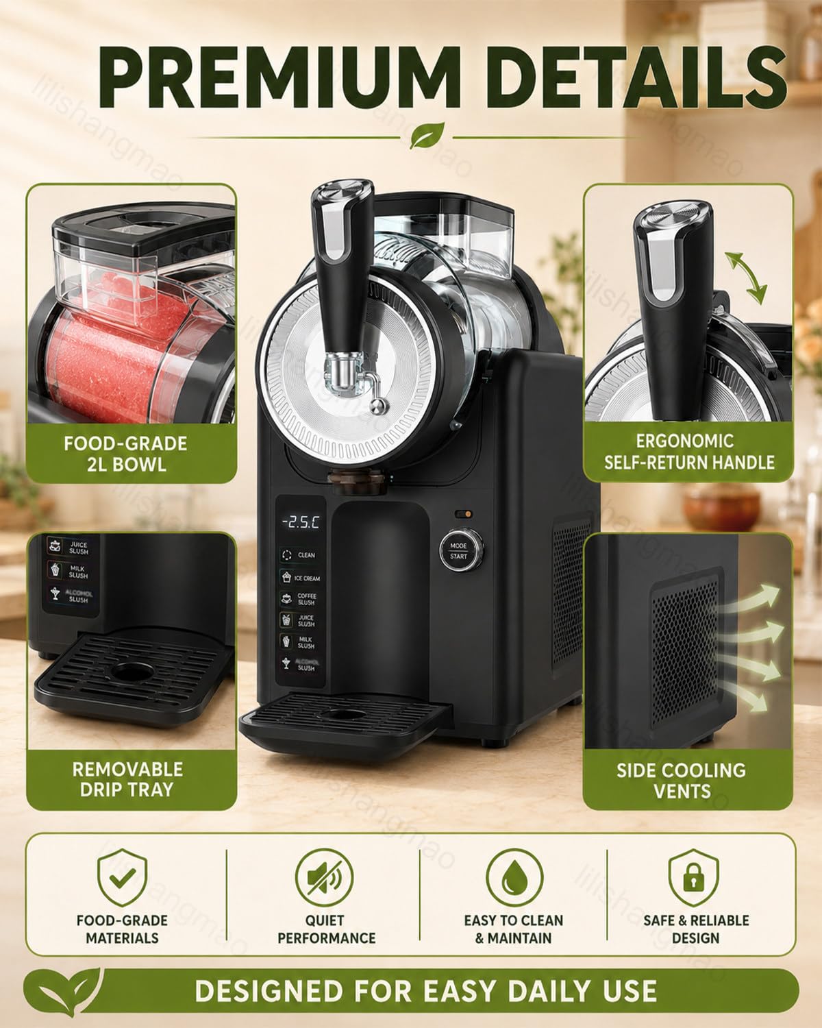 Máquina De Granizados Autolimpiante: Vierte El Líquido, Gira La Perilla Y Prepara Helado, Granizado, Batido, Frappé De Café Y Sorbete De Frutas. Máquina De Granizados De 2 litros Black