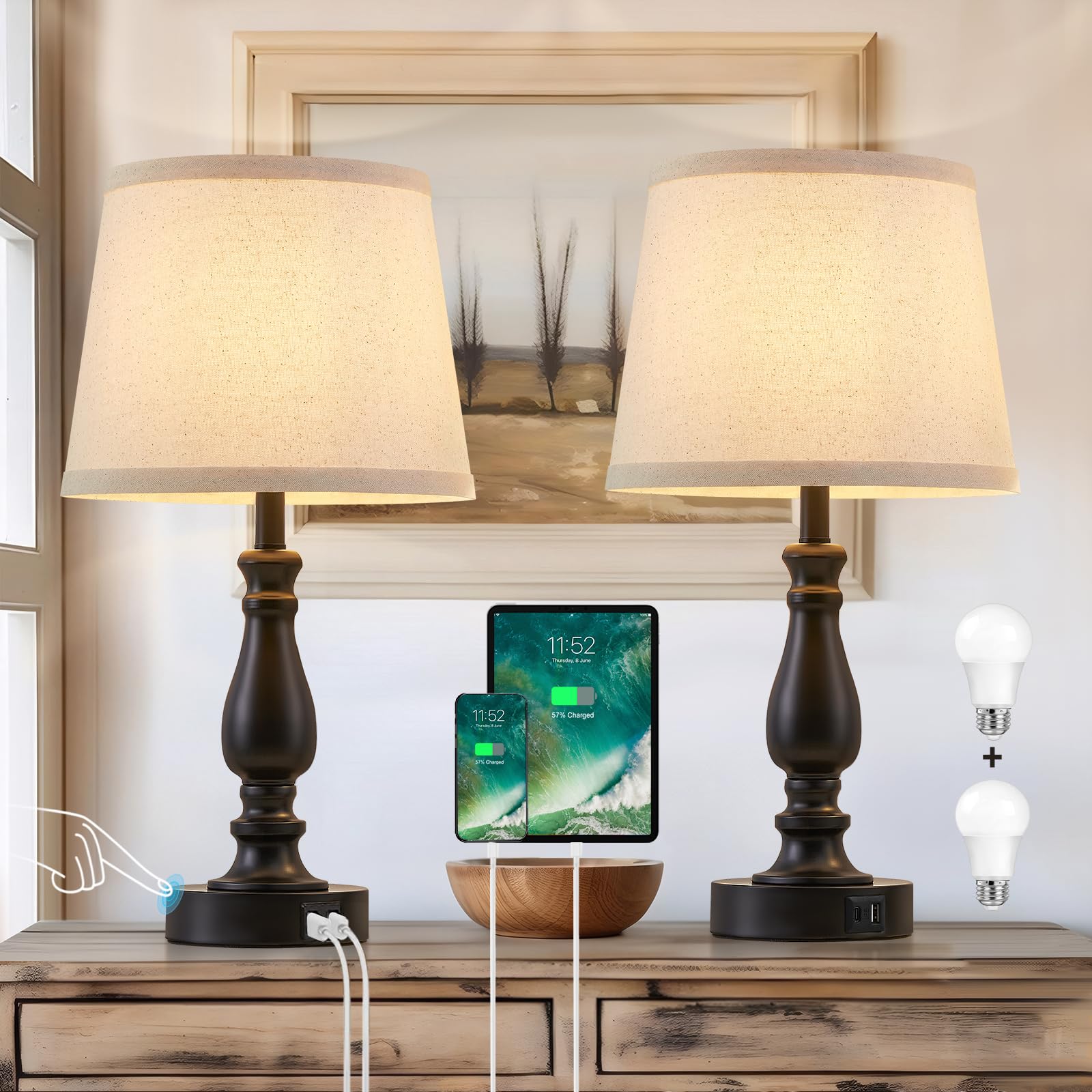 GyroVu Nachttischlampe 2er Set, Touch Bedside Lamps mit USB A+C Ladeanschlüssen, Tischlampe mit Kabel, 3-Stufig Dimmbar Table Lamp für Schlafzimmer Wohnzimmer Hotel Büro (LED-Birne Inklusive)