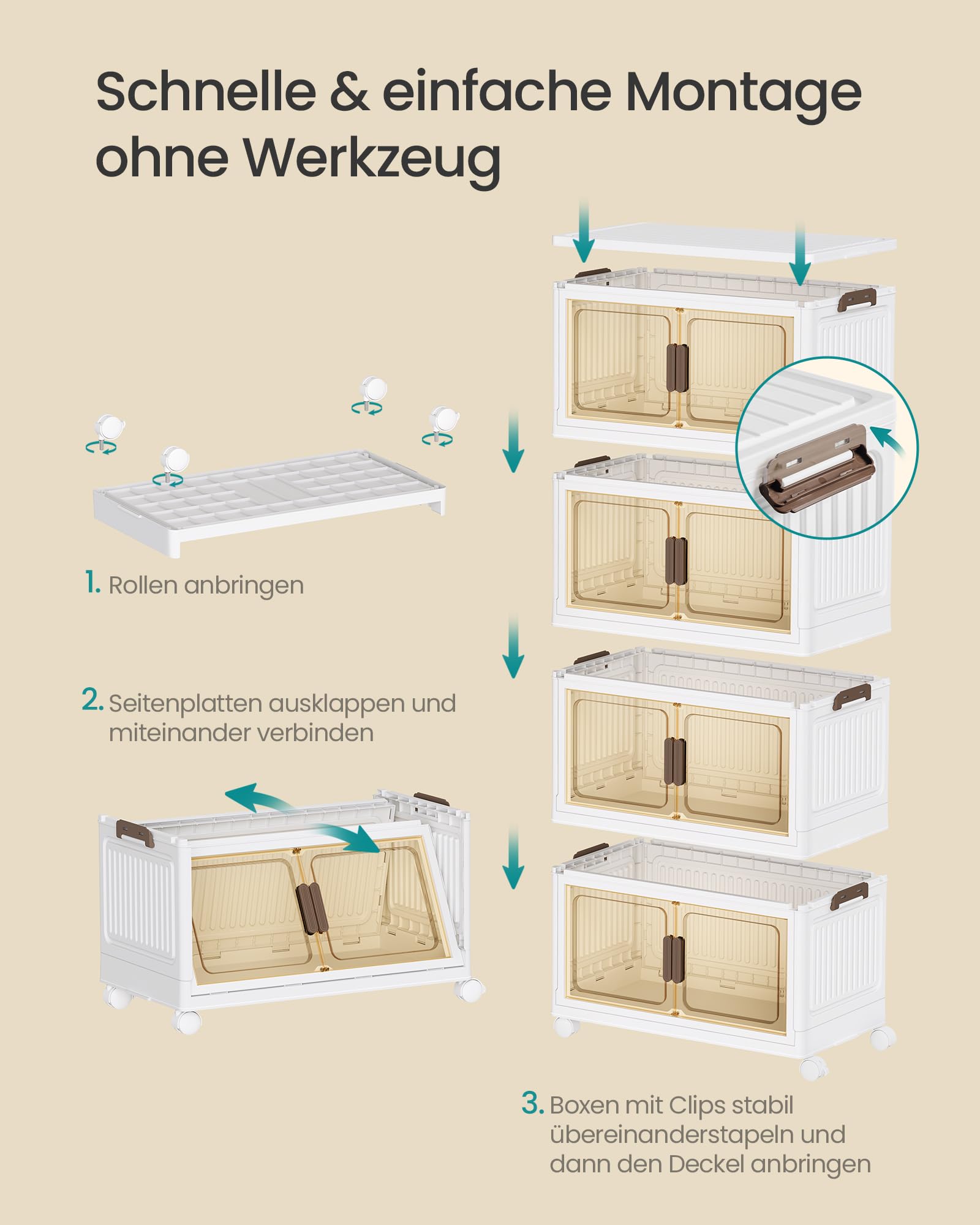 SONGMICS Aufbewahrungsboxen, 4 Ebenen, Organizer mit 1 Deckel, Stapelboxen auf Rollen, Plastikboxen, magnetische Tür, Ordnungsboxen, weiß, 55 L pro Ebene, 220 L insgesamt RLB460WZ01
