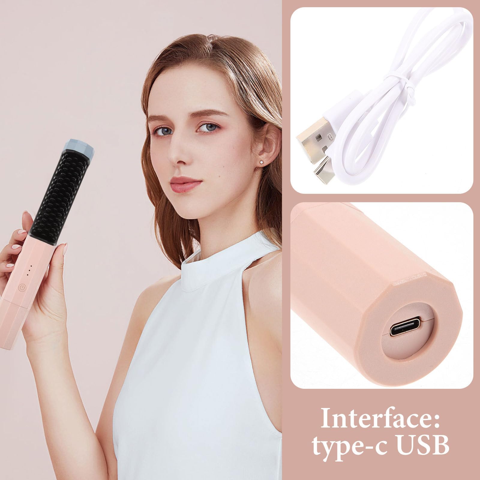 Gatuida Cepillo Alisador de Pelo Inalámbrico Carga USB Tipo-c, Ligero y Portátil para Cabello Grueso y Fino, Adecuado para Viajes y Festivales