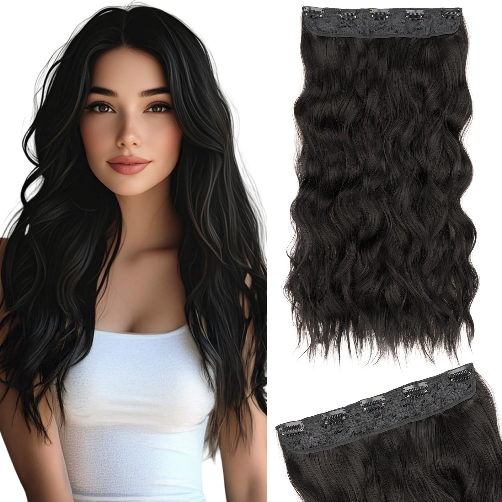 One Piece Clip In Hair Extensions Curly 150g Hair Extensions Clip in Hairpieces 5 Clips Wavy Curly Synthetic 3/4 Half Full Head for Laides and Women 20 Inch（50 cm） Natural Black