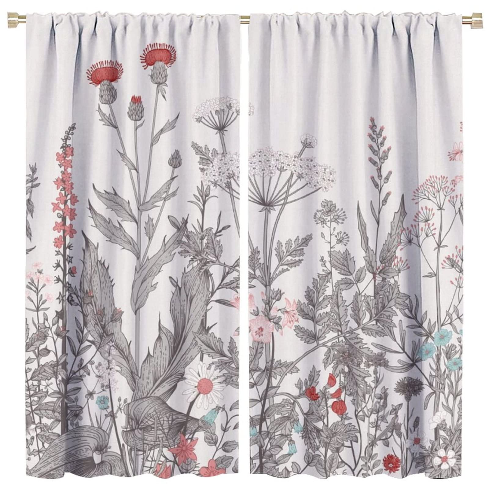 Rustic Flower Curtains Green Leaf Vintage Floral Colorful Plant Herbs Women Wildflower Blossom Botan for Home Kitchen Restaurant Decoration Window Curtain 2 Panels 42x45 Inch